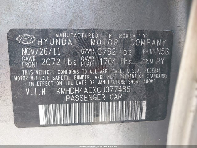 Продаж на аукціоні авто 2012 Hyundai Elantra Limited (ulsan Plant), vin: KMHDH4AEXCU377486, номер лоту: 46108969