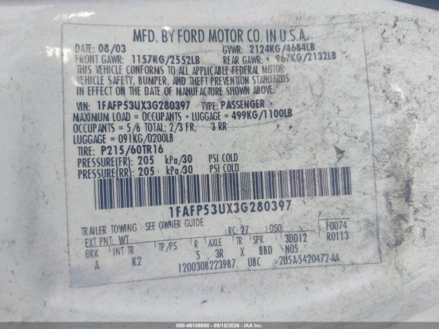 46108980 :رقم المزاد ، 1FAFP53UX3G280397 vin ، 2003 Ford Taurus Se مزاد بيع