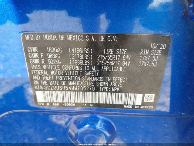 46108998 :رقم المزاد ، 3CZRU6H54MM705279 vin ، 2021 Honda Hr-v Awd Ex مزاد بيع