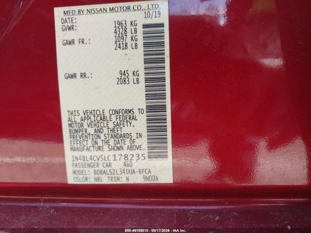 Продажа на аукционе авто 2020 Nissan Altima Sr Fwd, vin: 1N4BL4CV5LC178235, номер лота: 46109010