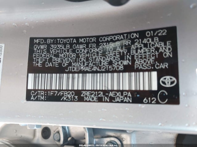 2022 Toyota Corolla Le მანქანა იყიდება აუქციონზე, vin: JTDEPMAE4NJ215708, აუქციონის ნომერი: 46109023