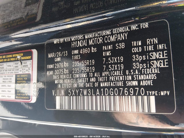 46109025 :رقم المزاد ، 5XYZW3LA1DG076970 vin ، 2013 Hyundai Santa Fe Sport 2.0t مزاد بيع