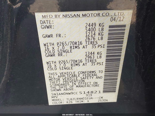46109037 :رقم المزاد ، 5N1AN0NW9CC514821 vin ، 2012 Nissan Xterra S مزاد بيع
