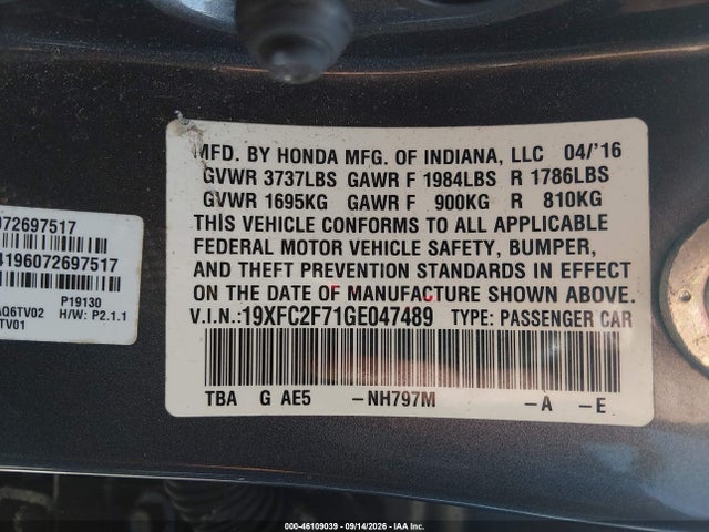 2016 Honda Civic Ex მანქანა იყიდება აუქციონზე, vin: 19XFC2F71GE047489, აუქციონის ნომერი: 46109039