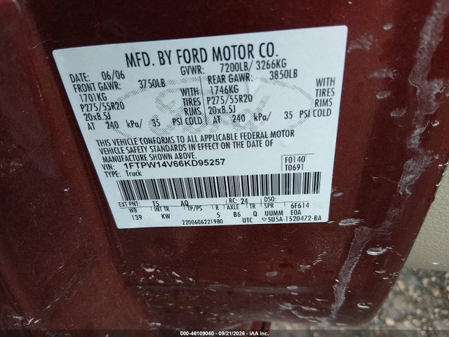 Aukcja sprzedaży 2006 Ford F-150 Fx4/lariat/xlt, vin: 1FTPW14V66KD95257, numer aukcji: 46109040