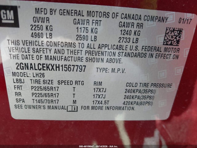 Aukcja sprzedaży 2017 Chevrolet Equinox Lt, vin: 2GNALCEKXH1567797, numer aukcji: 46109047