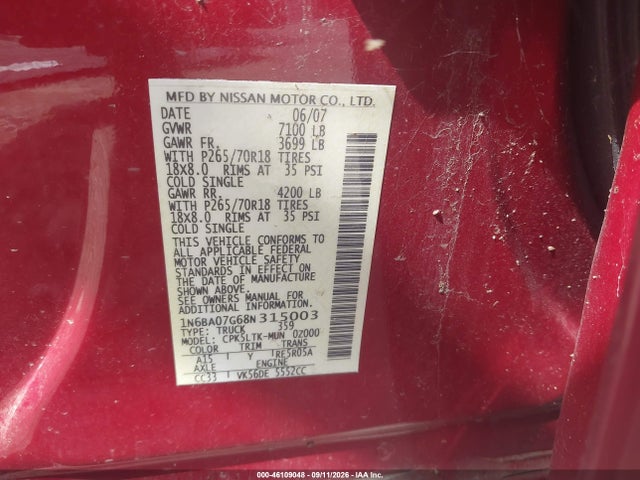 46109048 :رقم المزاد ، 1N6BA07G68N315003 vin ، 2008 Nissan Titan Se مزاد بيع