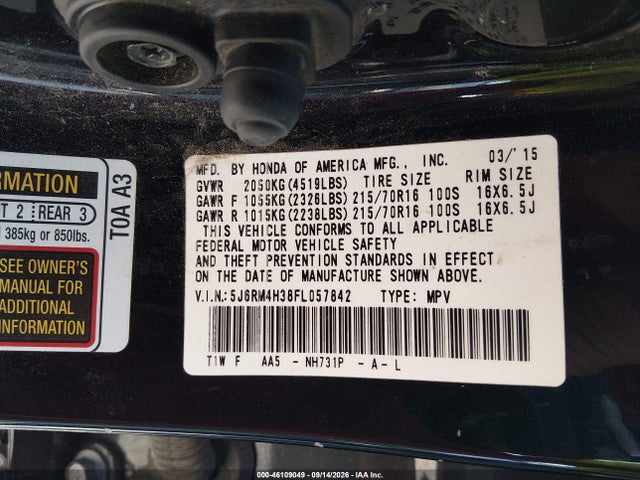 Продаж на аукціоні авто 2015 Honda Cr-v Lx, vin: 5J6RM4H38FL057842, номер лоту: 46109049
