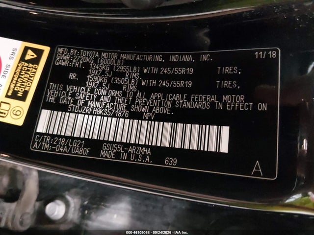 Toyota Highlander Se 2019 5TDJZRFH8KS571876 Image 9