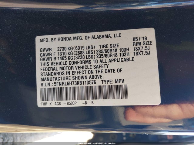 Aukcja sprzedaży 2019 Honda Odyssey Ex-l, vin: 5FNRL6H73KB113576, numer aukcji: 46109073