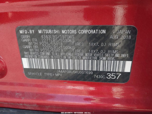 Aukcja sprzedaży 2019 Mitsubishi Outlander Sport 2.0 Es, vin: JA4AP3AU5KU001699, numer aukcji: 46109074
