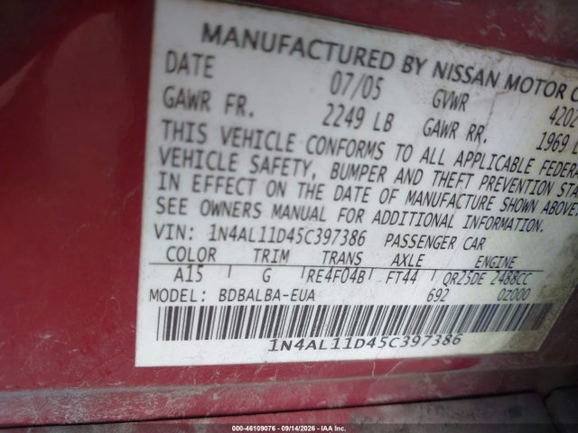 Продаж на аукціоні авто 2005 Nissan Altima 2.5 S, vin: 1N4AL11D45C397386, номер лоту: 46109076