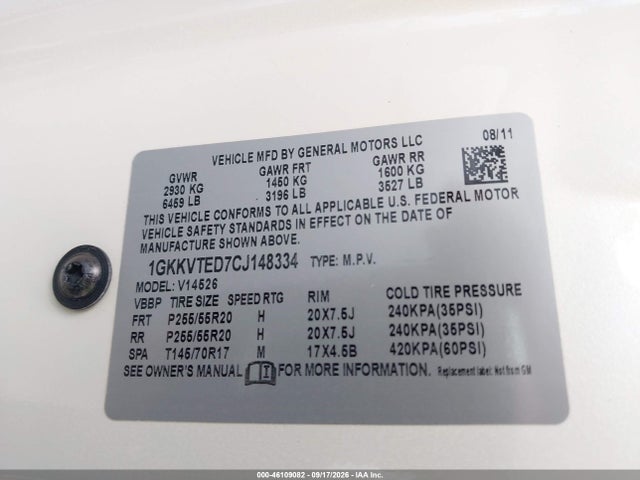 Aukcja sprzedaży 2012 Gmc Acadia Denali, vin: 1GKKVTED7CJ148334, numer aukcji: 46109082