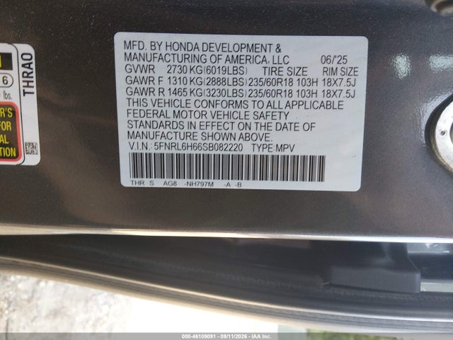 46109091 :رقم المزاد ، 5FNRL6H66SB082220 vin ، 2025 Honda Odyssey Ex-l مزاد بيع