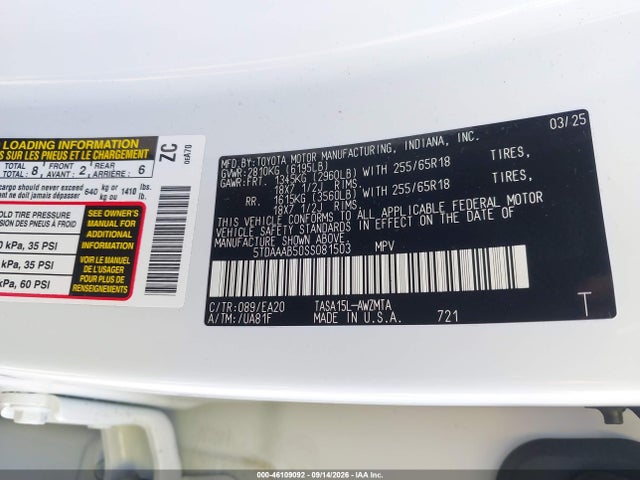 Aukcja sprzedaży 2025 Toyota Grand Highlander Xle, vin: 5TDAAAB50SS081503, numer aukcji: 46109092