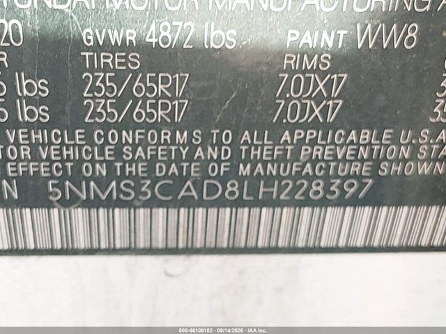 Продаж на аукціоні авто 2020 Hyundai Santa Fe Sel, vin: 5NMS3CAD8LH228397, номер лоту: 46109102