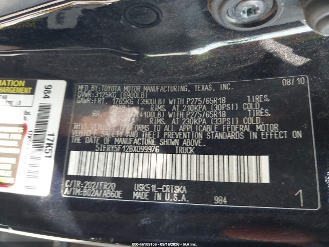 Aukcja sprzedaży 2011 Toyota Tundra Grade 5.7l V8, vin: 5TFRY5F12BX099976, numer aukcji: 46109106