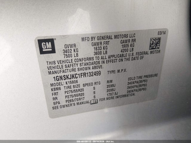 2015 Chevrolet Suburban 1500 Lt მანქანა იყიდება აუქციონზე, vin: 1GNSKJKC1FR132499, აუქციონის ნომერი: 46109112