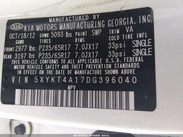 2013 Kia Sorento Lx მანქანა იყიდება აუქციონზე, vin: 5XYKT4A17DG396040, აუქციონის ნომერი: 46109125