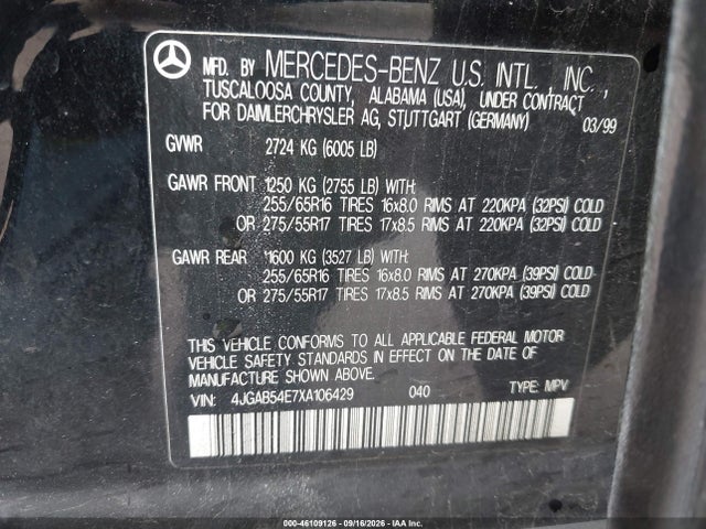 46109126 :رقم المزاد ، 4JGAB54E7XA106429 vin ، 1999 Mercedes-benz Ml 320 مزاد بيع