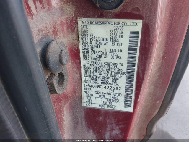 46109127 :رقم المزاد ، 1N6AD06U97C427587 vin ، 2007 Nissan Frontier Se مزاد بيع