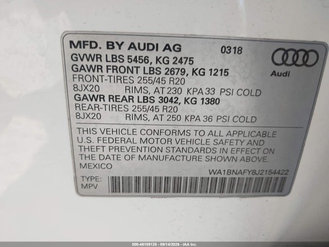 Продаж на аукціоні авто 2018 Audi Q5 2.0t Premium, vin: WA1BNAFY8J2154422, номер лоту: 46109128