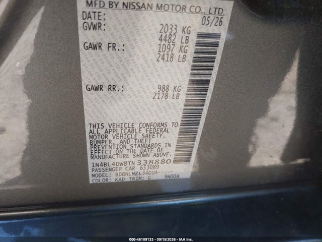 46109133 :رقم المزاد ، 1N4BL4DW8TN338880 vin ، 2026 Nissan Altima Sv Awd مزاد بيع