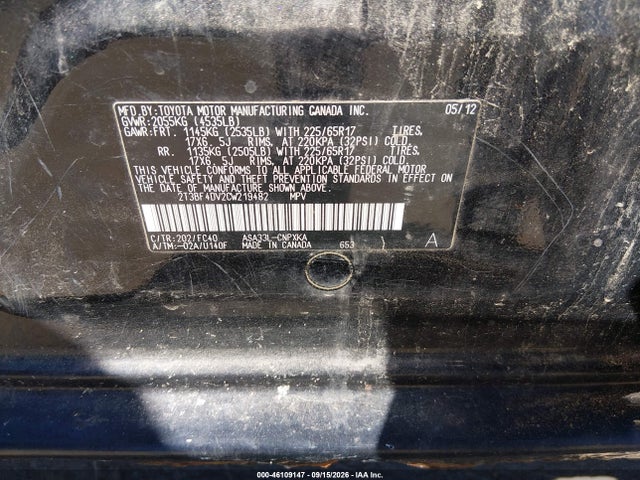 Aukcja sprzedaży 2012 Toyota Rav4, vin: 2T3BF4DV2CW219482, numer aukcji: 46109147