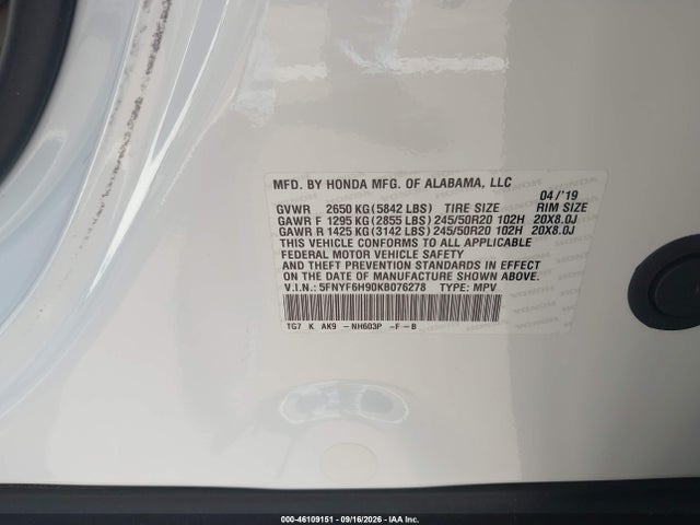 46109151 :رقم المزاد ، 5FNYF6H90KB076278 vin ، 2019 Honda Pilot Touring مزاد بيع