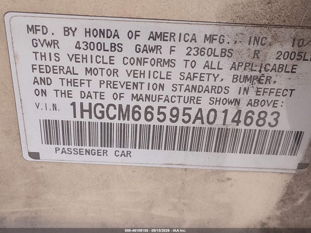 46109158 :رقم المزاد ، 1HGCM66595A014683 vin ، 2005 Honda Accord 3.0 Ex مزاد بيع