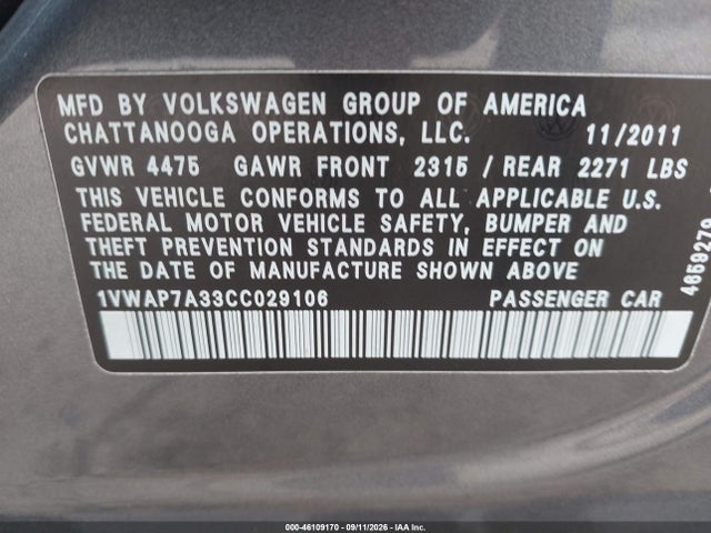 Продаж на аукціоні авто 2012 Volkswagen Passat 2.5l S, vin: 1VWAP7A33CC029106, номер лоту: 46109170