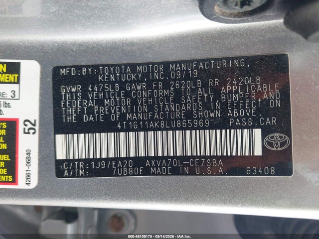 46109175 :رقم المزاد ، 4T1G11AK8LU865969 vin ، 2020 Toyota Camry Se مزاد بيع