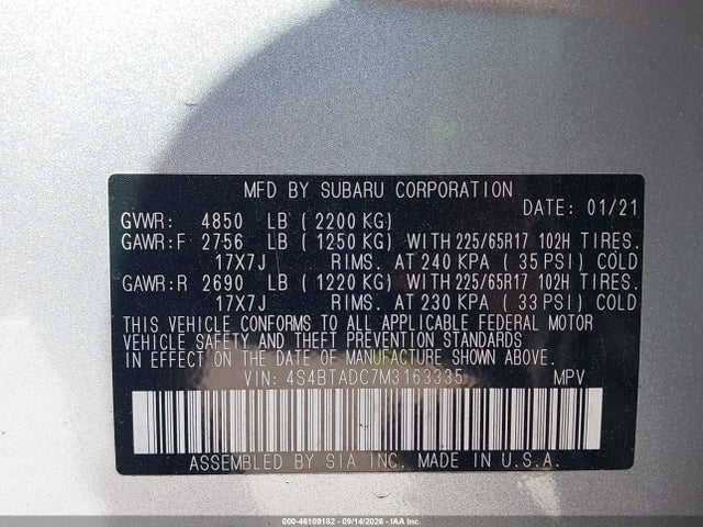 Aukcja sprzedaży 2021 Subaru Outback Premium, vin: 4S4BTADC7M3163335, numer aukcji: 46109182