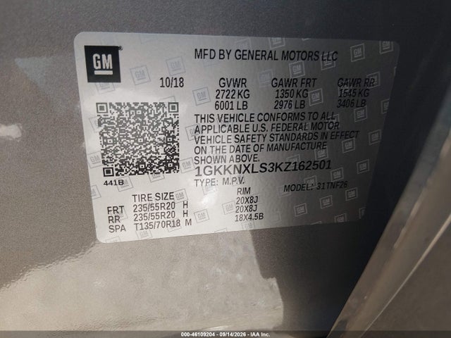 2019 Gmc Acadia Denali მანქანა იყიდება აუქციონზე, vin: 1GKKNXLS3KZ162501, აუქციონის ნომერი: 46109204