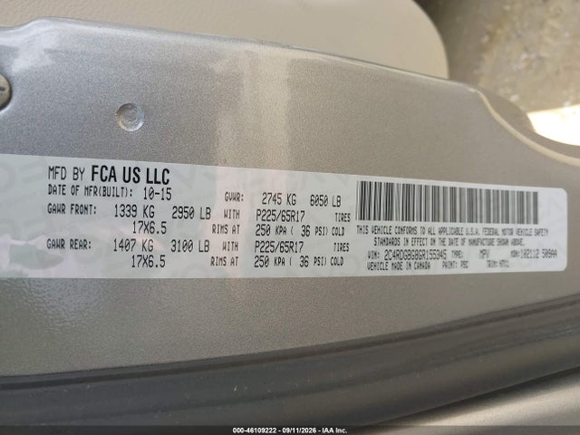 46109222 :رقم المزاد ، 2C4RDGBG8GR155345 vin ، 2016 Dodge Grand Caravan Se مزاد بيع