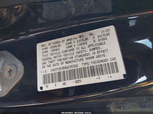 Aukcja sprzedaży 2008 Honda Accord 2.4 Lx, vin: 1HGCP26358A035324, numer aukcji: 46109225
