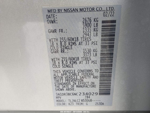 5N1DR3BC6NC234029 Nissan Pathfinder Sv 4wd