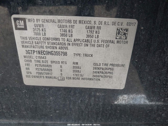 Aukcja sprzedaży 2017 Gmc Sierra 1500 Slt, vin: 3GTP1NEC9HG355798, numer aukcji: 46109242