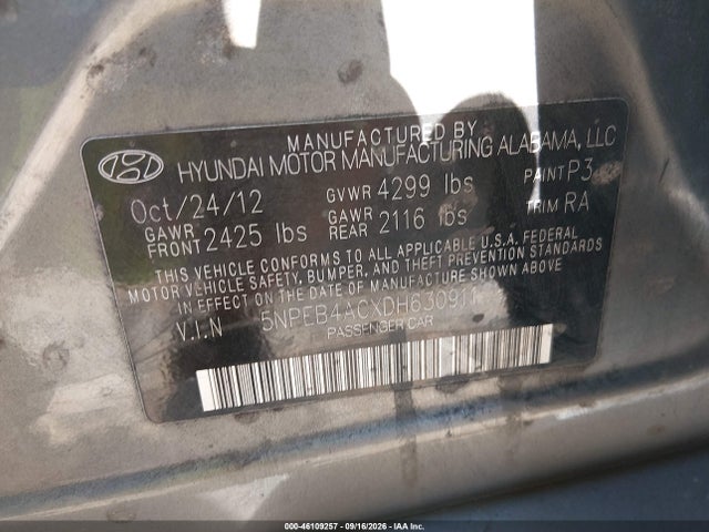 Auction sale of the 2013 Hyundai Sonata Gls, vin: 5NPEB4ACXDH630911, lot number: 46109257