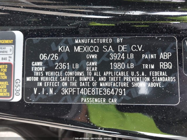 2026 Kia K4 Lx მანქანა იყიდება აუქციონზე, vin: 3KPFT4DE8TE364791, აუქციონის ნომერი: 46109262