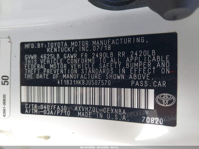 2018 Toyota Camry Hybrid Le მანქანა იყიდება აუქციონზე, vin: 4T1B31HK8JU507570, აუქციონის ნომერი: 46109268