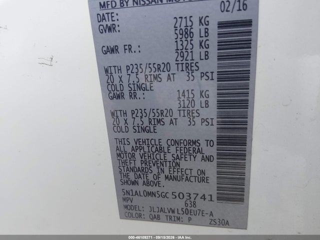 Aukcja sprzedaży 2016 Infiniti Qx60, vin: 5N1AL0MN5GC503741, numer aukcji: 46109271