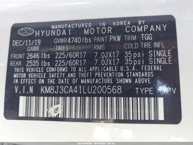 Aukcja sprzedaży 2020 Hyundai Tucson Value, vin: KM8J3CA41LU200568, numer aukcji: 46109286