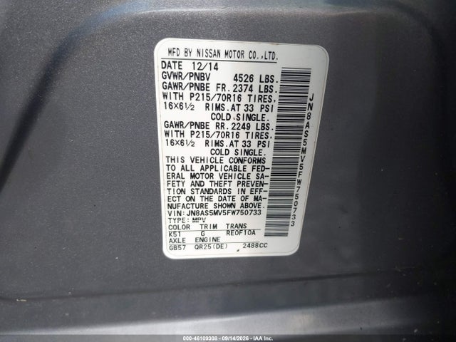46109308 :رقم المزاد ، JN8AS5MV5FW750733 vin ، 2015 Nissan Rogue Select S مزاد بيع