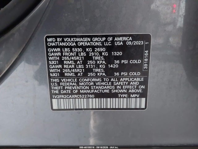 Продажа на аукционе авто 2024 Volkswagen Atlas 2.0t Sel Premium R-line, vin: 1V2FR2CAXRC522760, номер лота: 46109316