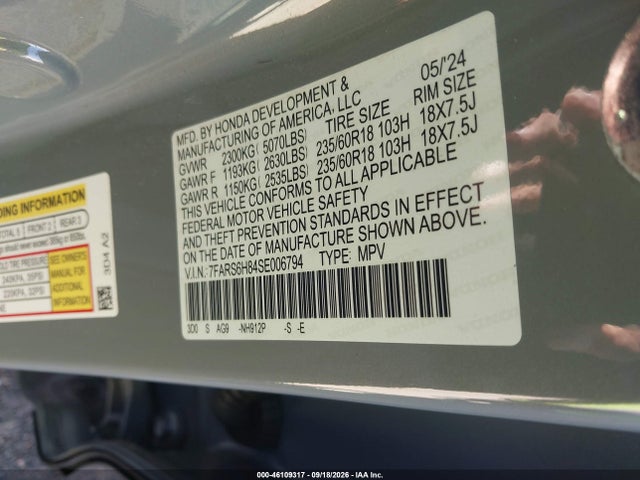 2025 Honda Cr-v Hybrid Sport-l მანქანა იყიდება აუქციონზე, vin: 7FARS6H84SE006794, აუქციონის ნომერი: 46109317