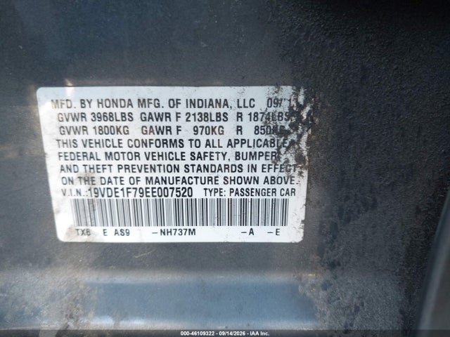 46109322 :رقم المزاد ، 19VDE1F79EE007520 vin ، 2014 Acura Ilx 2.0l مزاد بيع