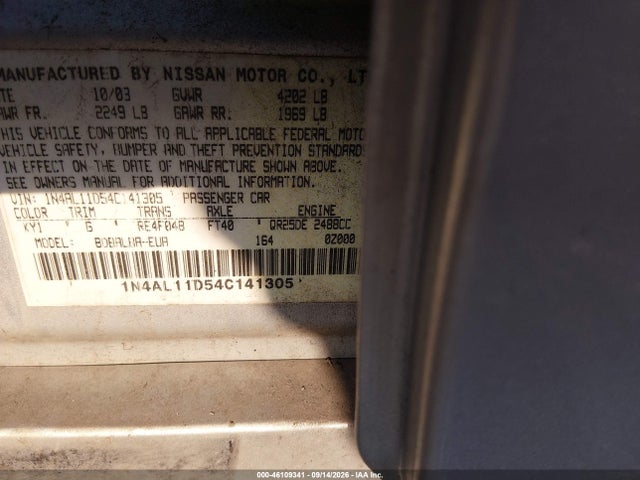 Продажа на аукционе авто 2004 Nissan Altima 2.5 S, vin: 1N4AL11D54C141305, номер лота: 46109341