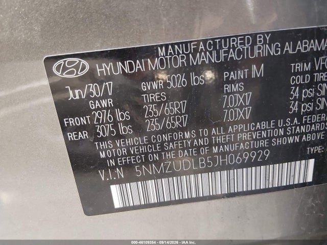 46109354 :رقم المزاد ، 5NMZUDLB5JH069929 vin ، 2018 Hyundai Santa Fe Sport 2.4l مزاد بيع
