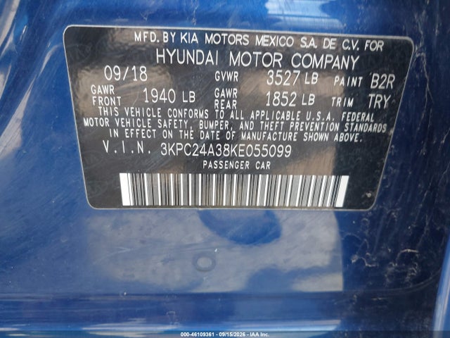 Aukcja sprzedaży 2019 Hyundai Accent Se, vin: 3KPC24A38KE055099, numer aukcji: 46109361